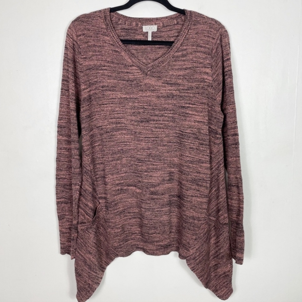 LOGO - Cashmere Blend Marled Shark Bite Hem V Neck Sweater